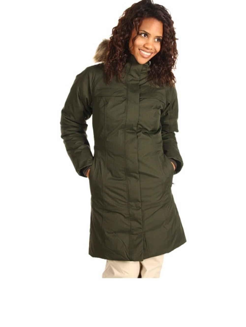 The North Face Arctic Parka Olive Green Long Jacket with Faux-Fur Hood Trim
